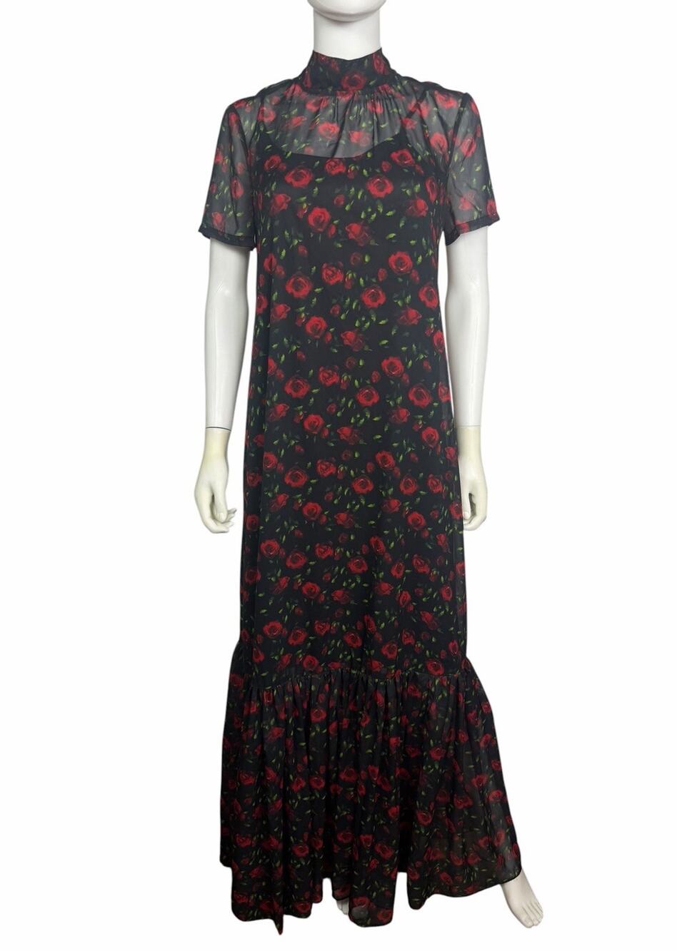 STAUD Women's 4 Black Roses Floral Calluna Slip Self Tie Ruffle Maxi Dress EUC